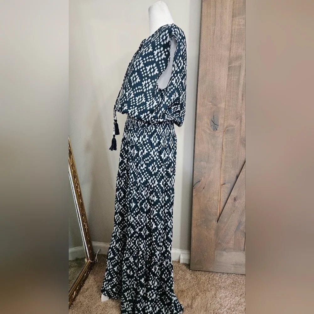 RubyYaya Beaded Boho Maxi Dress Blue White Geometric Print Size M - Picture 12 of 16